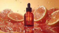 Amber glass dropper bottle with citrus slices and water drops in orange sunset lighting, cosmetic product photography for skincare and wellness advertising.