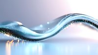 Flowing abstract wave with sparkling golden particles on light blue background creates dynamic motion effect for luxury designs and presentations.