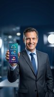 Professional middle-aged Caucasian businessman in suit displaying smartphone with technical support app interface in modern office environment.