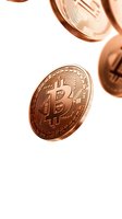 Copper-colored Bitcoin cryptocurrency coins falling on white background, macro view showing detailed texture and reflective metallic surface. For finance and tech designs.