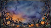 Spooky Halloween night scene with glowing jack-o-lanterns, bare twisted trees, bats flying across purple orange sky. Haunted graveyard atmosphere frame.