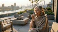 Mature blonde woman enjoying morning coffee on luxury rooftop terrace with city skyline view, relaxing in cozy sweater during golden hour sunrise.