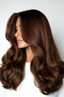 Young Caucasian woman with luxurious wavy brown hair styled in voluminous curls wearing white top, profile view against light background, showcasing professional hairstyling.