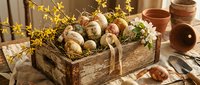 Rustic wooden crate filled with decorated Easter eggs, yellow forsythia branches and spring flowers on vintage table with terracotta pots for holiday decor.