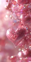 Sparkling pink hearts with glitter and bokeh effects floating in dreamy soft focus background, surrounded by crystal droplets and light reflections.