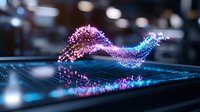 Glowing digital wave of pink and blue particles floating above electronic device screen, representing data visualization and technology advancement.