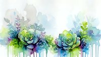 Watercolor succulent plants with dripping paint effects in blue and green tones on white background for botanical art and home decor projects.