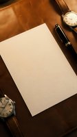 Blank paper sheet with luxury fountain pen and vintage watches on brown leather surface for business correspondence and executive writing tasks.