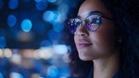 Young woman with dark curly hair and medium skin tone wearing round glasses with purple-tinted lenses, gazing thoughtfully against blurred blue bokeh lights, suitable for lifestyle and fashion content.