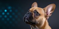 French bulldog portrait with fawn coat looking up attentively against dark background with blue bokeh lights, showing characteristic bat ears and wrinkled face.