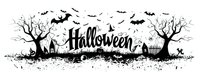Spooky Halloween banner with silhouettes of bare trees, flying bats, graveyard fence and gothic text on white background, isolated design element for seasonal decor.