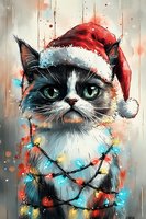 Grumpy cat wearing Santa hat and wrapped in colorful Christmas lights against watercolor background, artistic holiday pet portrait in mixed media style.