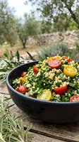 Quinoa salad with fresh tomatoes, cucumbers, and herbs served in a black bowl in an olive grove garden setting for healthy eating and Mediterranean cuisine.
