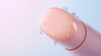 Wet pink vibrator with water drops on smooth surface against pastel background. Intimate wellness device closeup showing texture and moisture details.