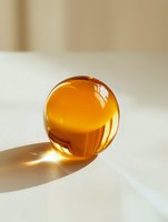 Translucent amber glass sphere casting warm golden light and shadow on white surface, isolated design element for backgrounds and overlays.