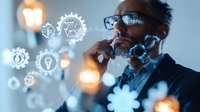 Middle-aged Asian businessman in suit and glasses contemplating innovative solutions with glowing digital icons, gears and lightbulbs floating in augmented reality space.