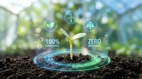 Young green seedling growing from soil with glowing digital icons showing 100% sustainable and zero emissions concepts for eco business.