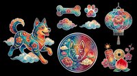 Colorful decorative dog ornaments and charms isolated on transparent background, ready for t-shirt design, clipart, stickers, sublimation and print-on-demand products.