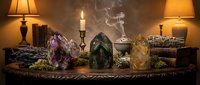 Mystical crystal collection with amethyst, green aventurine and citrine stones arranged on ornate table with candle creating spiritual atmosphere for meditation.
