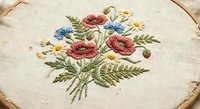 Embroidered floral bouquet with red poppies, blue cornflowers and yellow daisies on cream fabric in wooden hoop for needlework and handicraft projects.