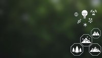 White outdoor adventure icons on blurred green forest background for camping hiking and nature exploration activities design.