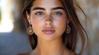 Young woman with natural makeup, glowing skin, and gold hoop earrings gazes directly at camera. Soft lighting highlights facial features and creates dreamy atmosphere.
