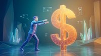 Businessman in suit pushing glowing polygonal dollar sign in futuristic digital environment, finance and investment concept.