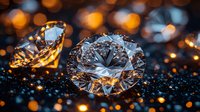 Sparkling diamonds on dark glittering surface with golden bokeh lights in background creating luxury jewelry atmosphere. Macro photography highlights crystal cuts and reflections.