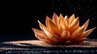 Glowing golden lotus flower on dark background with sparkling glitter effect creates mystical atmosphere for spiritual and wellness designs.
