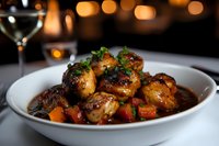 Glazed chicken meatballs in rich brown sauce with colorful vegetables and fresh herbs, served in white bowl with wine glass and warm ambient lighting.