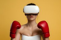 Young woman in white dress wearing VR headset and red boxing gloves against yellow background, representing virtual reality fitness and gaming innovation.
