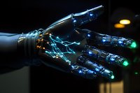 Futuristic robotic hand with glowing blue circuits and green fingertips against dark background, showcasing advanced prosthetic technology and artificial intelligence.