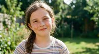 Happy young Caucasian girl with braided hair smiling outdoors in sunny garden setting wearing striped shirt for lifestyle and childhood concepts.