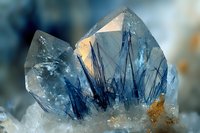 Macro photography of translucent blue celestine crystal formation with needle-like inclusions and natural geometric shapes against blurred background. Mineral specimen study.