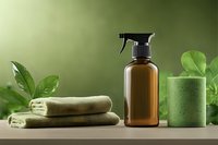Brown glass spray bottle with eco-friendly cleaning supplies, green sponge and beige towels on wooden surface against blurred natural background. For spa and wellness design.