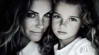 Mother and daughter portrait with matching freckles and intense eyes in black and white artistic style, showing deep emotional connection and family resemblance.