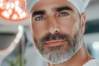 Confident mature male doctor with gray beard and blue eyes wearing white medical cap smiles reassuringly in modern hospital setting under surgical light.