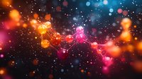 Glowing abstract network of orange and pink light particles with bokeh effect against dark background, creating futuristic connection concept.