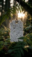 White porous stone tag hanging from twine among lush green fern leaves in forest setting with warm sunlight filtering through trees, suitable for product mockups and branding designs.