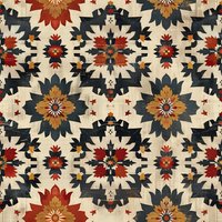 Geometric floral pattern in southwestern style with red, navy blue and brown colors on beige background. Seamless repeat design for fabric and wallpaper.