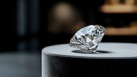 Brilliant cut diamond on gray surface with dark background showcasing luxury jewelry craftsmanship and precious stone clarity in macro photography.