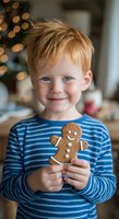 Young child with red hair and blue eyes holding gingerbread cookie, wearing striped blue shirt with Christmas lights bokeh in background. Holiday family moment.