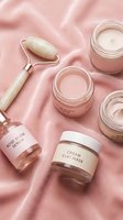 Skincare flatlay with serum, clay mask, face creams, and jade roller on pink velvet, showcasing a luxurious self-care beauty routine.