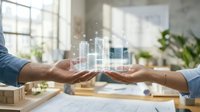 Business professionals exchanging digital data visualization hologram over desk in modern office environment representing technology transfer and collaboration.