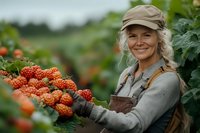 Mature female farmer with gray hair harvesting fresh red berries on organic farm, wearing cap and apron, sustainable agriculture concept.