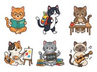 Cute cats reading book, holding gift box, sitting at desk, painting, studying math, playing guitar isolated on white background, perfect for children's education, stickers, clipart, t-shirt design.