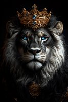 Majestic lion with piercing blue eyes wearing golden crown and medallion against dark background, dramatic lighting highlights regal features and flowing mane.