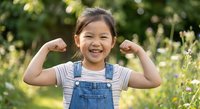 Happy Asian girl child flexing muscles showing strength and confidence outdoors in sunny garden setting with natural green bokeh background.