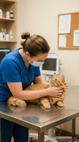 Female veterinarian in blue scrubs examining orange tabby cat on examination table in modern veterinary clinic with medical equipment and supplies.