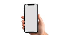 Modern smartphone with blank white screen held in caucasian hand isolated on white background, mockup for app or web design presentation.